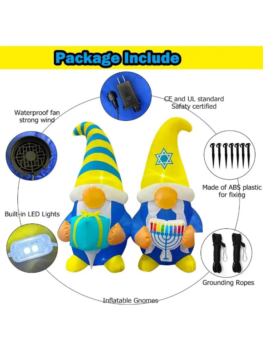 4FT Inflatable Hanukkah Gnomes with Menorah & Gift Box - LED Outdoor Decor